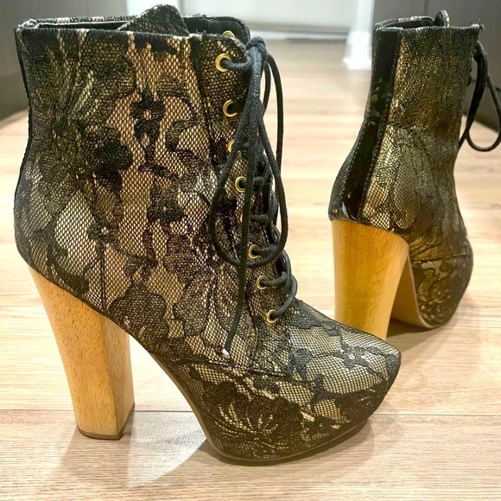 ALDO Gold & Black Embroidered Lace Boots (RARE)